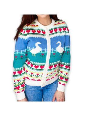 NWT Vintage Cottagecore Grannycore Goose Floral Hearts Knit Cardigan YXL /Small